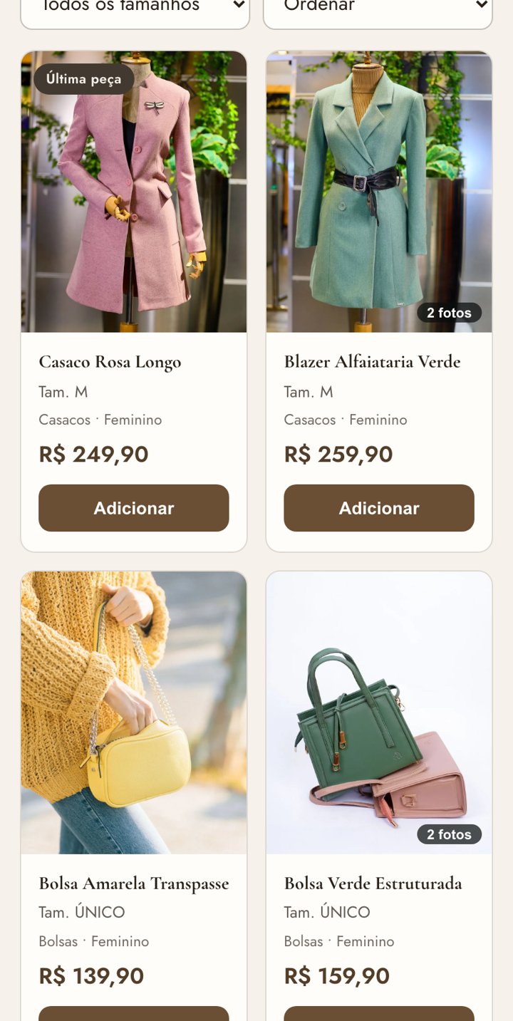 Produtos da loja com fotos, preços e selo de última peça