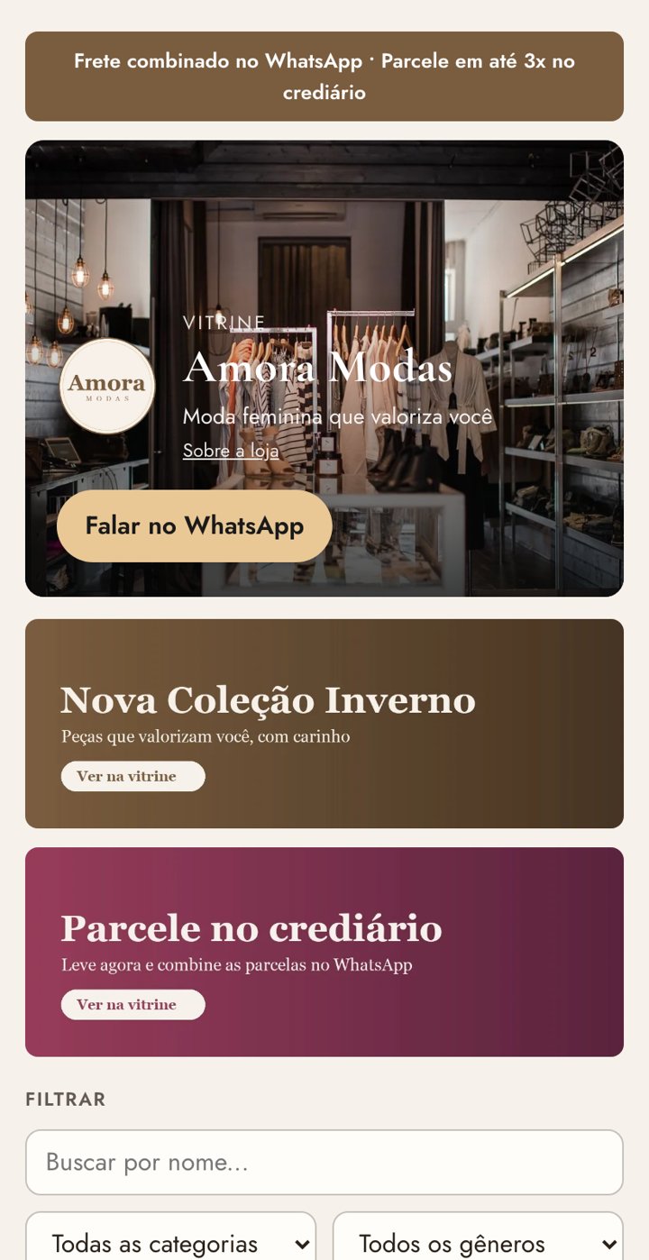Vitrine da loja Amora Modas com capa, logo e banners