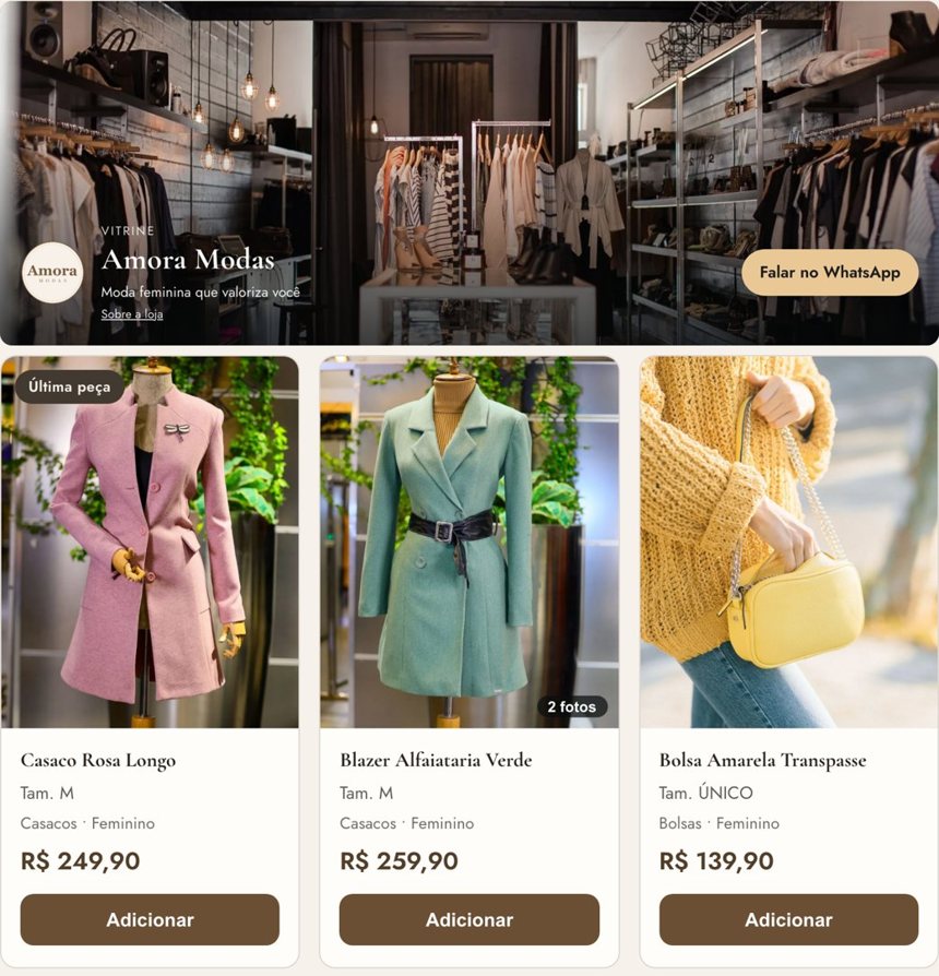 Vitrine da loja Amora Modas com produtos, preços e botão de pedir no WhatsApp