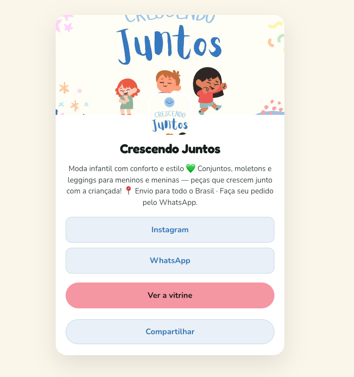 Página de perfil da loja com bio e links para Instagram, WhatsApp e vitrine