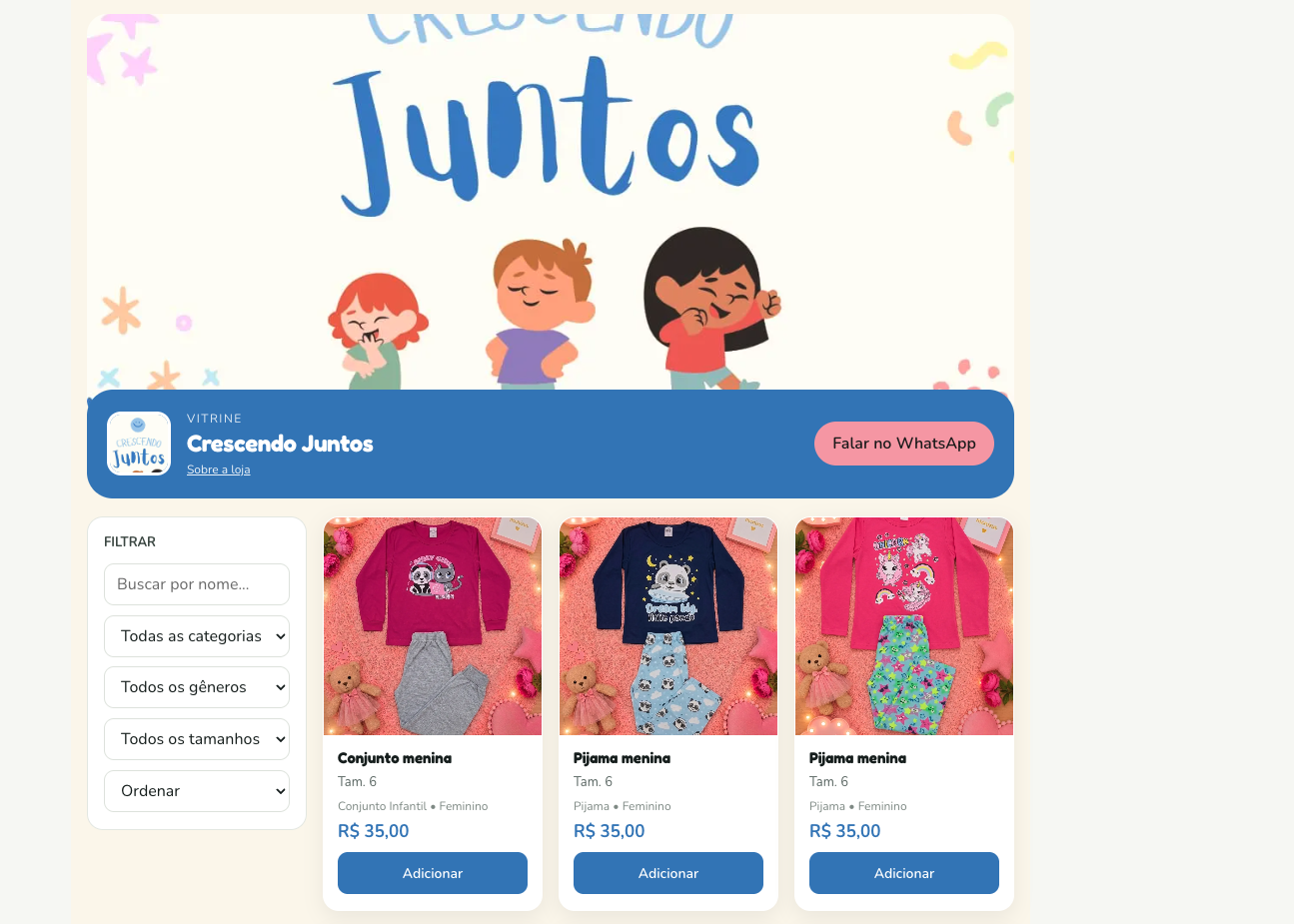 Vitrine pública de uma loja com produtos, preços e botão de pedir no WhatsApp